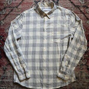 Men's Casual Long-Sleeve Plaid Button-Down Shirt in Gray and Cream